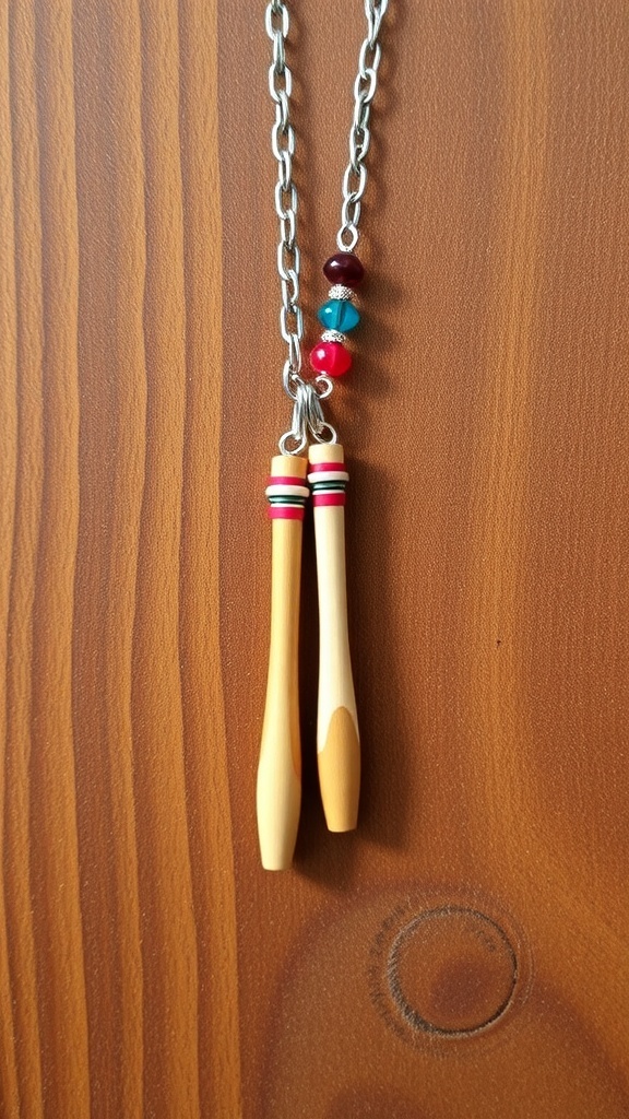 A drumsticks necklace with wooden sticks and colorful beads on a wooden surface.